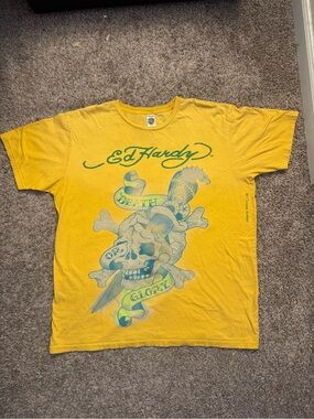 Ed Hardy Yellow Graphic Logo Tee with Red Tag Accents